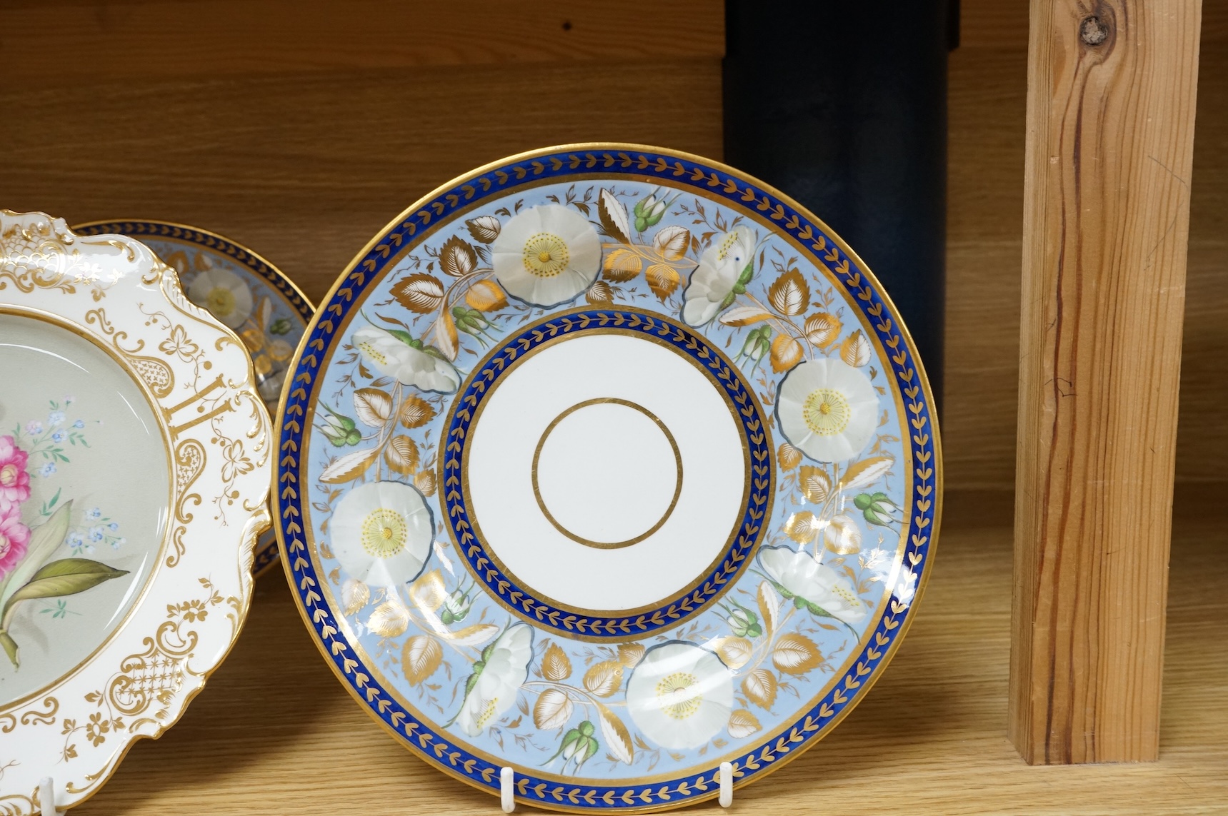 Two pairs of early 19th century porcelain botanical dishes, largest 22cm in diameter